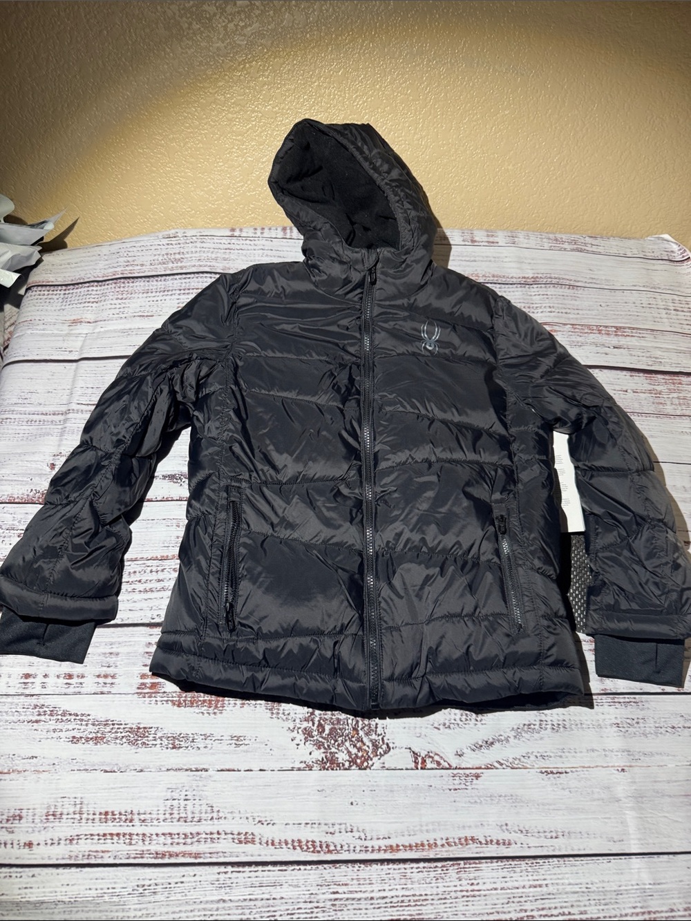 Spyder Black Hooded Puffer Jacket for Boys
